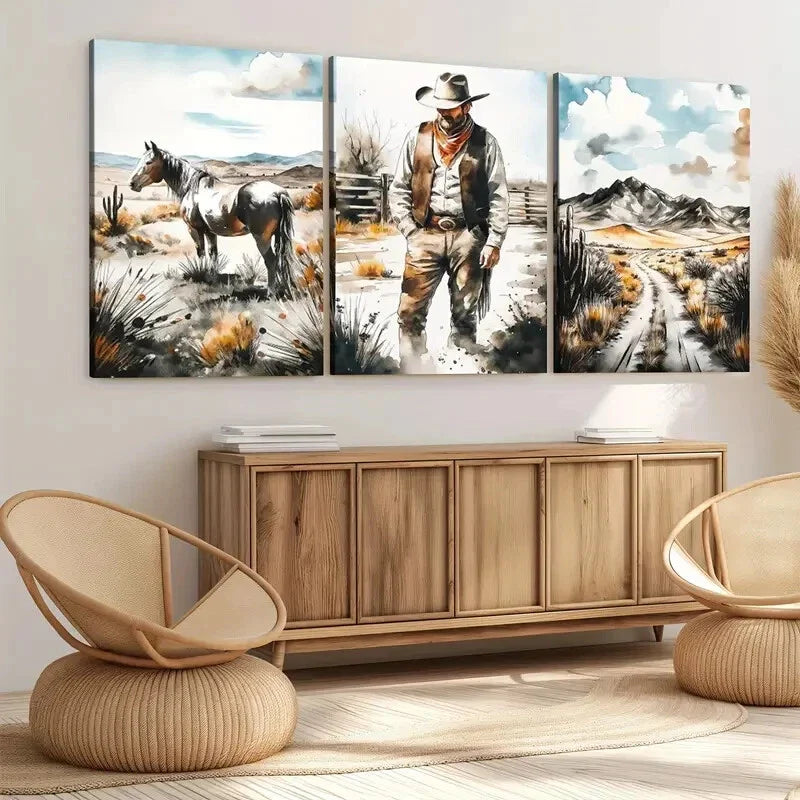 3pcs Horse Men Grasses Blue Sky White Clouds Wall Art Set Canvas Framed 40x60cm - High Quality Print 100% Australian Made Wall Canvas Ready to Hang
