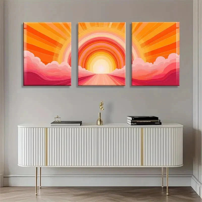 3pcs Vibrant Abstract Sunburst Sunrise Perfect Wall Art Set Canvas Framed 40x60cm - High Quality Print 100% Australian Made Wall Canvas Ready to Hang