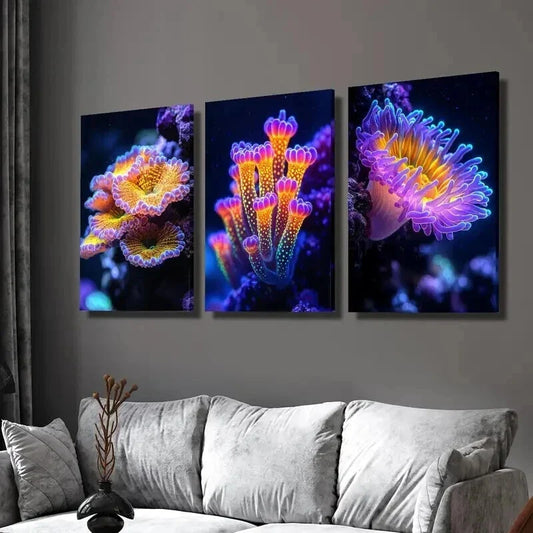 3pcs Fantasy Glowing Coral Reefs Sea Life Wall Art Set Canvas Framed 40x60cm - High Quality Print 100% Australian Made Wall Canvas Ready to Hang