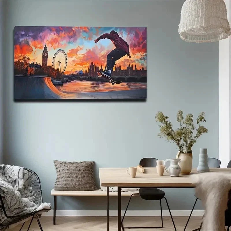 Skateboarding Under Sunset Wall Art Canvas Office Home Room Framed 120x60cm