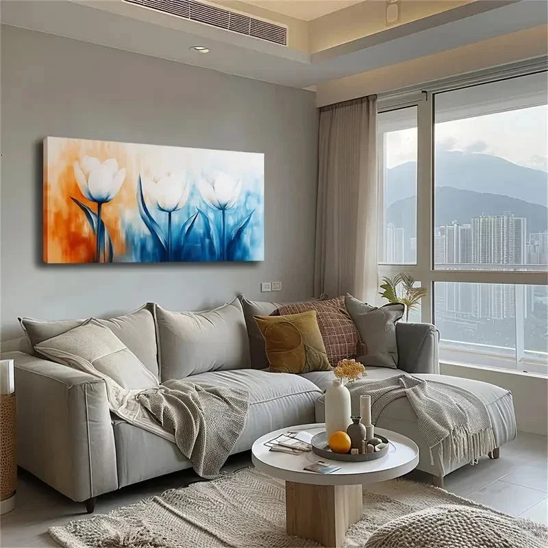 Three White Tulips With Orange Wall Art Canvas Office Home Room Framed 120x60cm