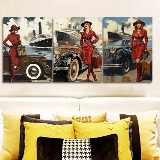 3pcs Retro modern girl, Art Painting  Metal Print Ready to Hang Art