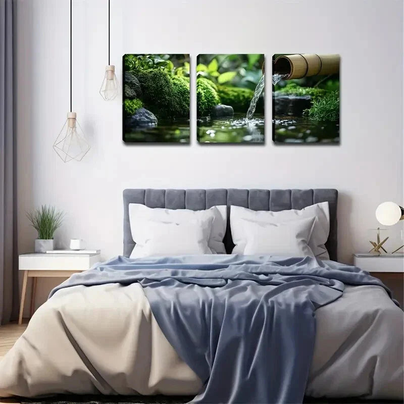 3pcs Black Pebbles Built Pond Natural Style  Wall Art Set Canvas Framed 40x60cm - High Quality Print 100% Australian Made Wall Canvas Ready to Hang
