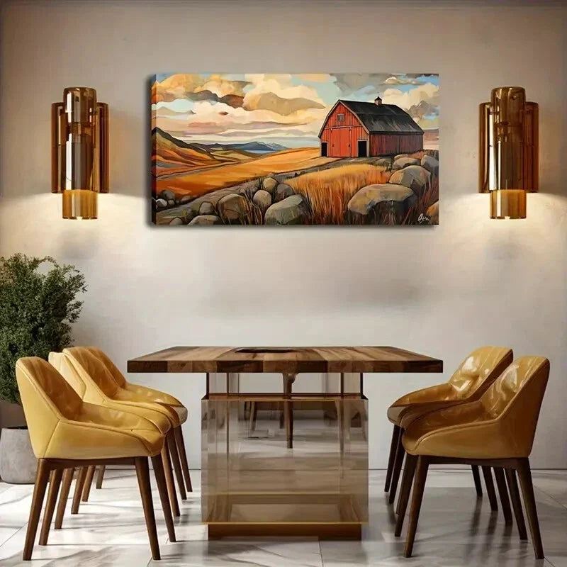Realistic Style Red Barn Gold Wall Art Canvas Office Home Room Framed 80x45cm