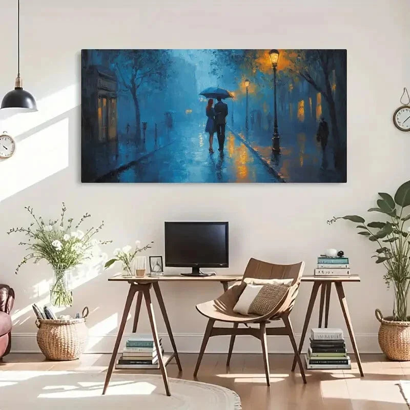 Rainy Night Romantic Umbrella Wall Art Canvas Office Home Room Framed 120x60cm