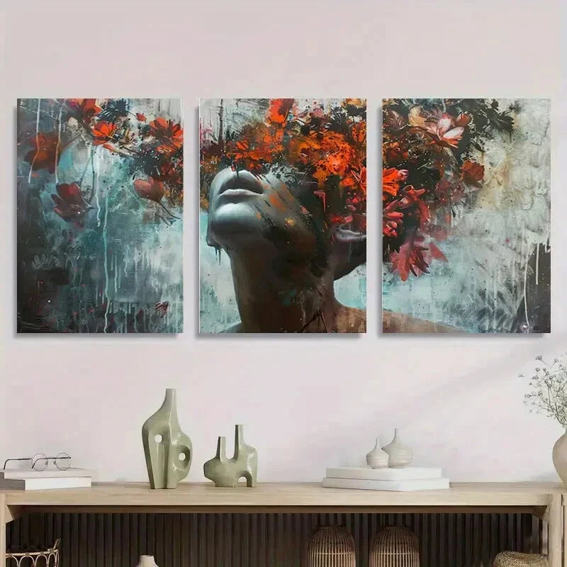 3pcs Abstract Human Face with Floral Metal Print Ready to Hang Art