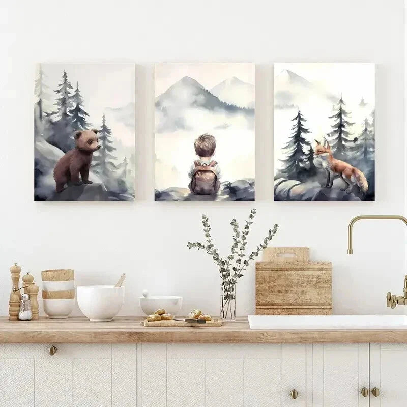 3pcs Bears Forest Wildlife & Mountain Peaks Wall Art Set Canvas Framed 40x60cm - High Quality Print 100% Australian Made Wall Canvas Ready to Hang