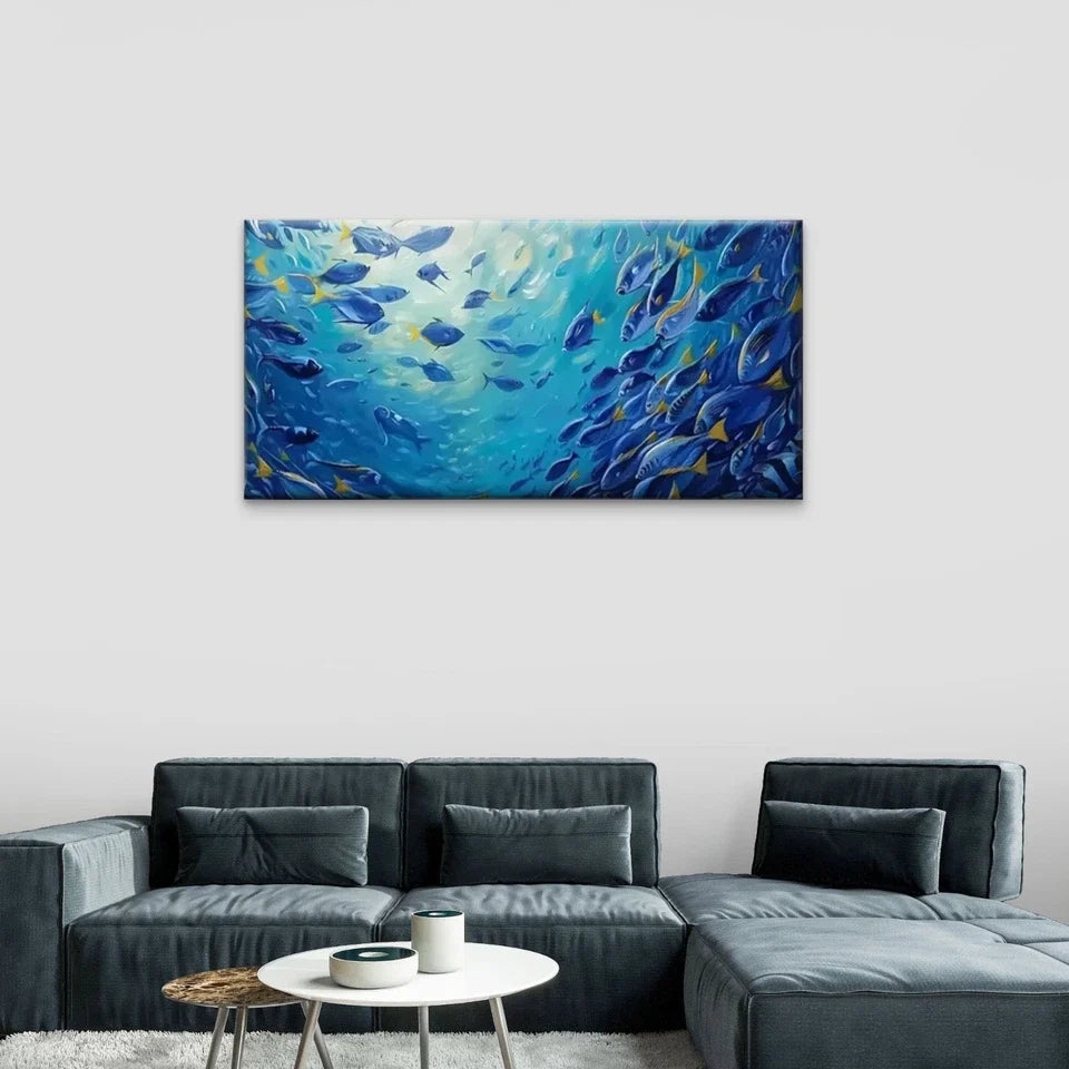 Vibrant Blue Sea Yellow Croaker Wall Art Canvas Office Home Room Framed 80x45cm