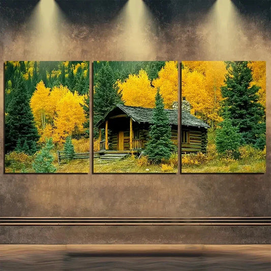 3pcs Autumn Wooden House Forest Nature Perfect Wall Art Set Canvas Framed 40x60cm - High Quality Print 100% Australian Made Wall Canvas Ready to Hang