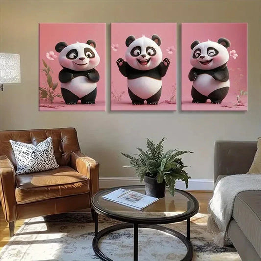3pcs Pink Background Playful Panda Perfect Wall Art Set Canvas Framed 40x60cm - High Quality Print 100% Australian Made Wall Canvas Ready to Hang