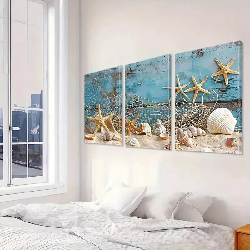 3pcs Modern Fishing Net Seashells Starfish Net Wall Art Set Canvas Framed 40x60cm - High Quality Print 100% Australian Made Wall Canvas Ready to Hang