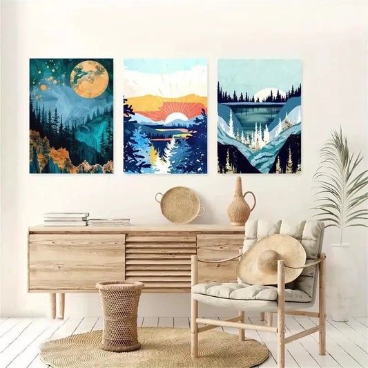 3pcs Abstract Modern River Vista With Trees Wall Art Set Canvas Framed 40x60cm - High Quality Print 100% Australian Made Wall Canvas Ready to Hang