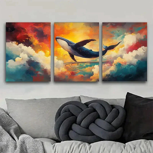 3pcs Majestic Whale Vivid Clouds Sky Perfect Wall Art Set Canvas Framed 40x60cm - High Quality Print 100% Australian Made Wall Canvas Ready to Hang