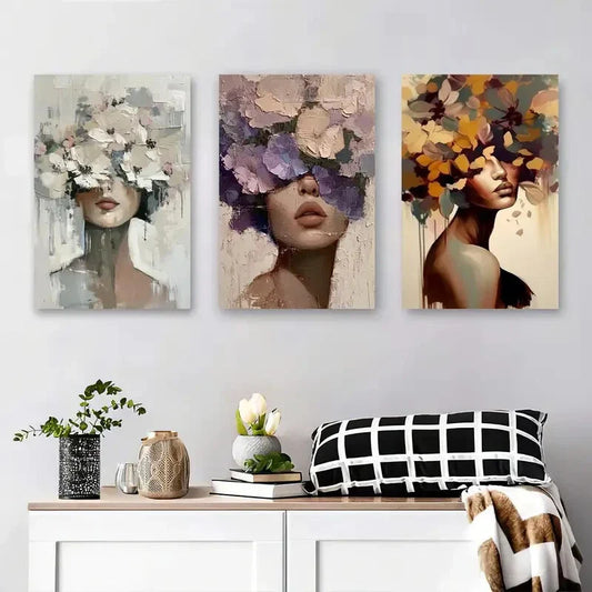 3pcs Abstract Floral Woman Portraits Blush Metal Print Ready to Hang Art