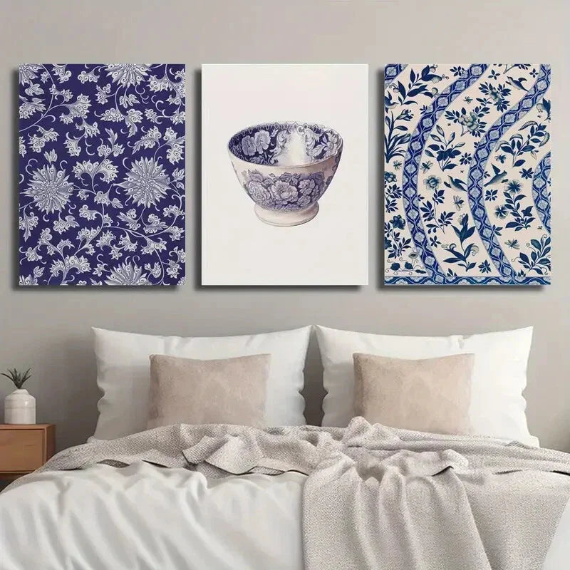 3pcs Nouveau Botanical and Ceramic Design Wall Art Set Canvas Framed 40x60cm - High Quality Print 100% Australian Made Wall Canvas Ready to Hang
