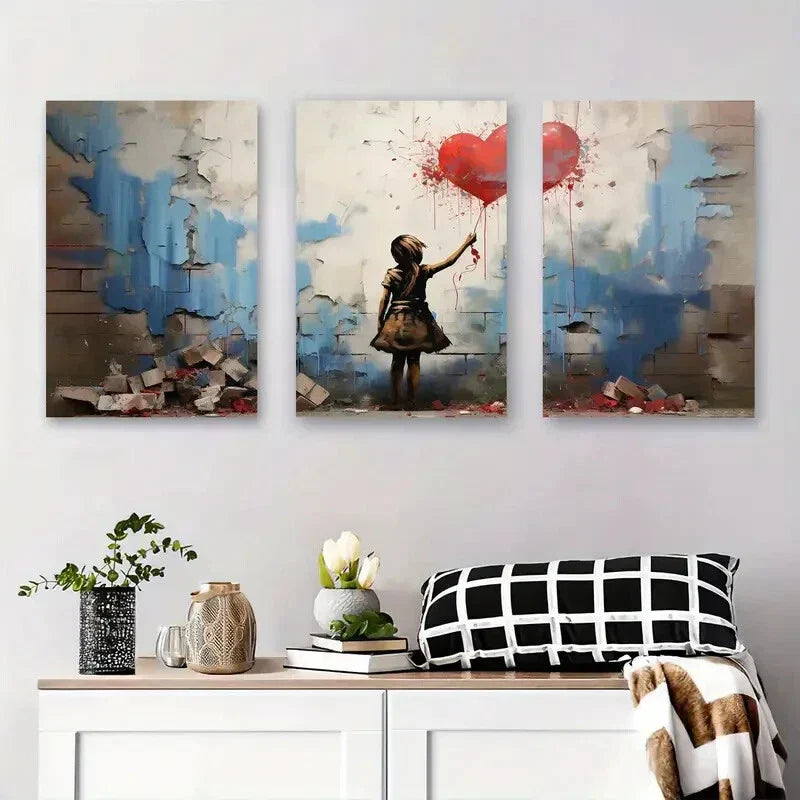 3pcs Vibrant Blue, Red & Yellow Accents Digital Metal Print Ready to Hang Art