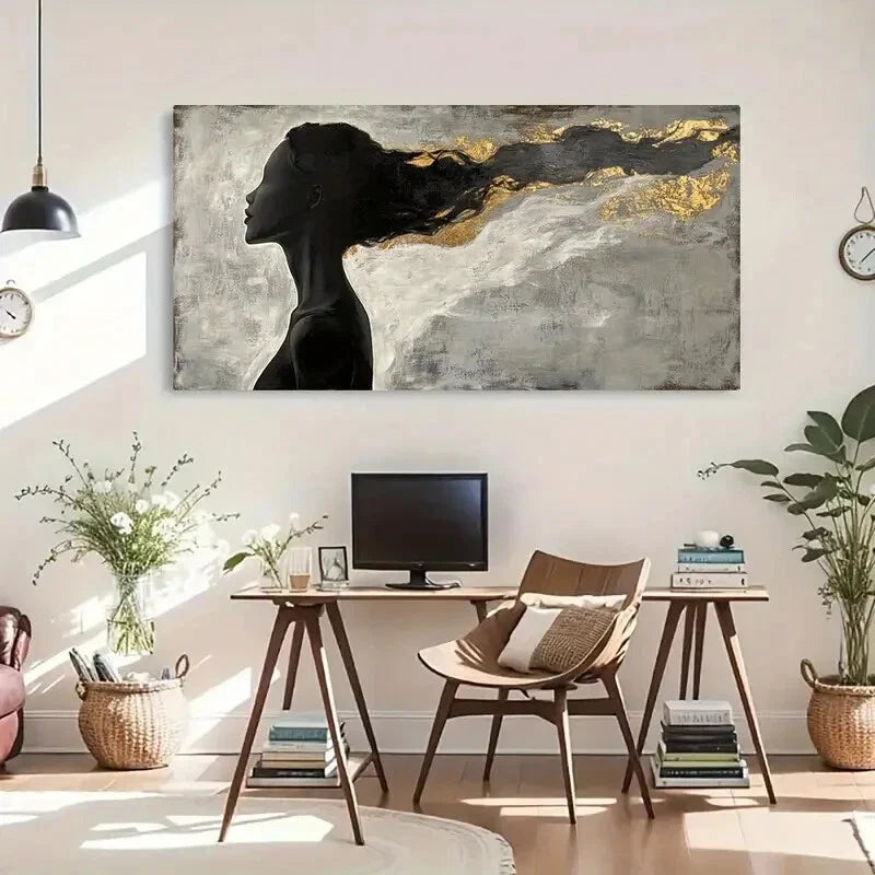Flowing Hair Monochrome Elegant Wall Art Canvas Office Home Room Framed 80x45cm