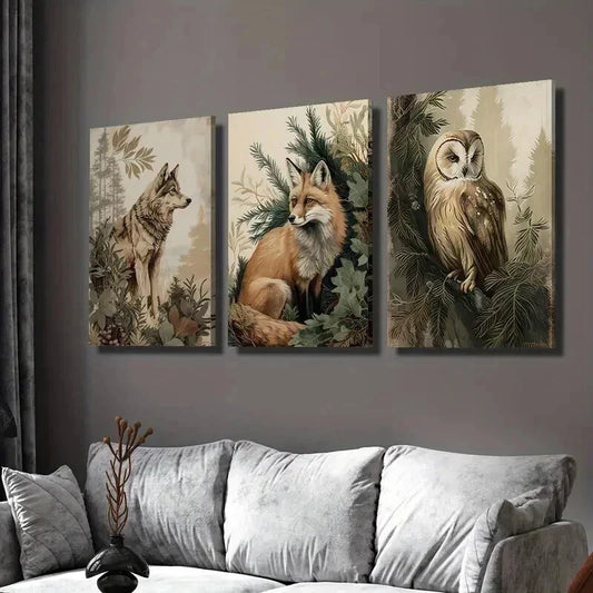3pcs Wolf Fox Owl Natural Aesthetic Decoration Wall Art Set Canvas Framed 40x60cm - High Quality Print 100% Australian Made Wall Canvas Ready to Hang