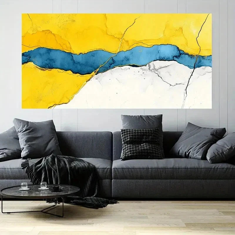 Yellow White Blue Marble Décor Wall Art Canvas Office Home Room Framed 120x60cm