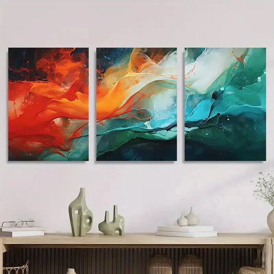 3pcs Vibrant Red, Blue & Green Swirl Design Metal Print Ready to Hang Art