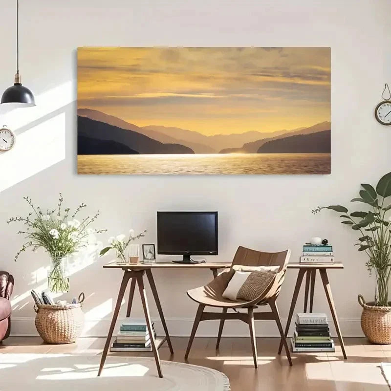 Serene Mountain Sunset Lake Wall Art Canvas Office Home Room Framed 120x60cm