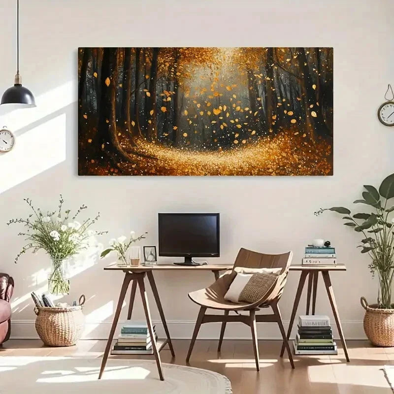 Golden Leaves Autumn Forest Wall Art Canvas Office Home Room Framed 120x60cm