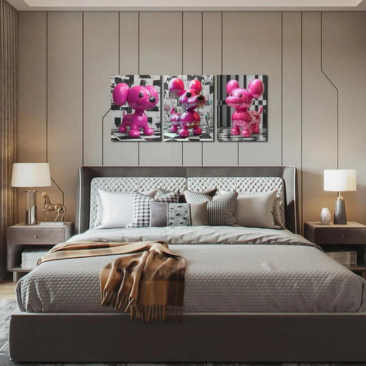 3pcs Pink Dog Modern Painting Black Eyes Metal Print Ready to Hang Art