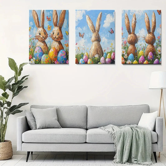 3pcs Brown Cutest Bunnies Blue Sky White Clouds Metal Print Ready to Hang Art