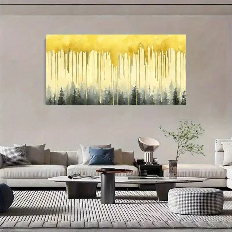 Golden Drips Over Forest Wall Art Canvas Office Home Room Framed 120x60cm