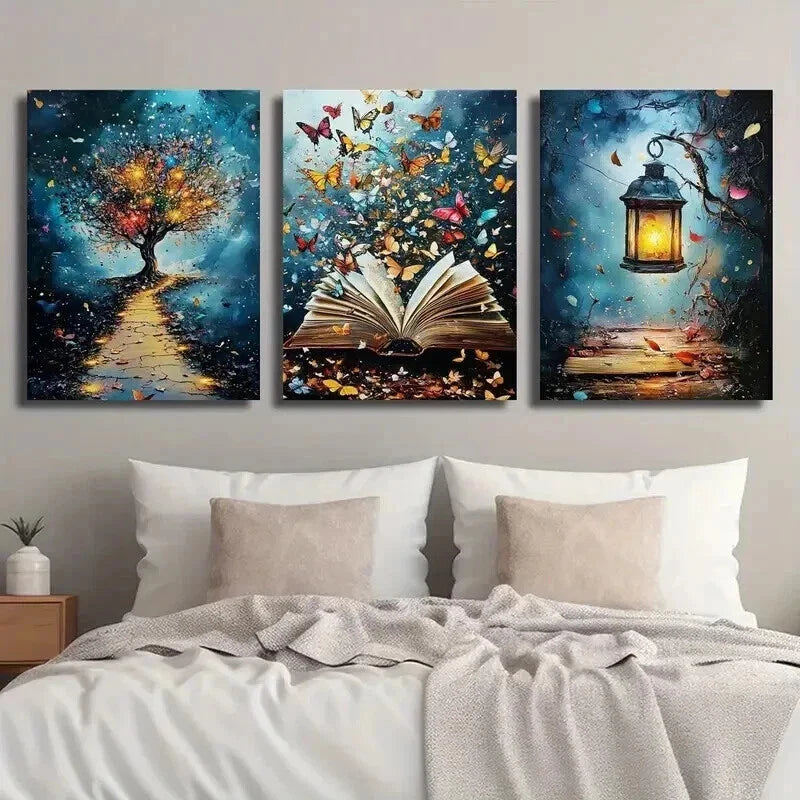 3pcs Enchanting Book with Fluttering Butterflies Wall Art Set Canvas Framed 40x60cm - High Quality Print 100% Australian Made Wall Canvas Ready to Hang