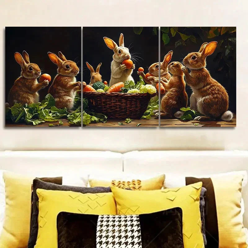 3pcs Rabbit farm Art Painting Metal Print Ready to Hang Art