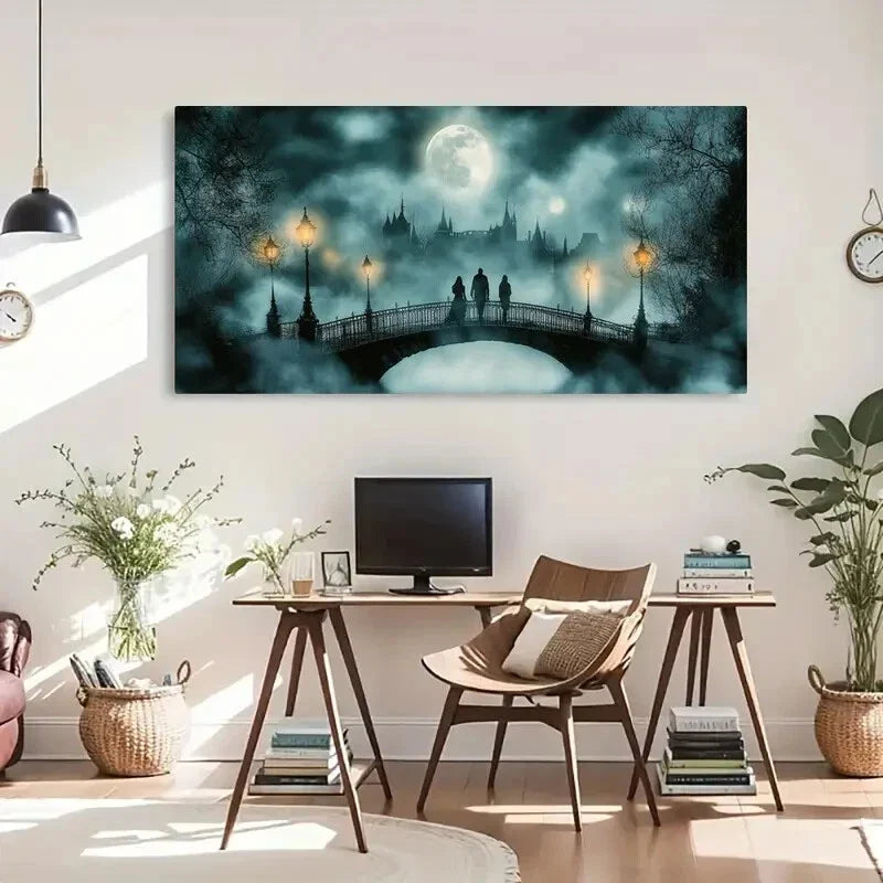 Moonlit Bridge Night Scene Wall Art Canvas Office Home Room Framed 120x60cm