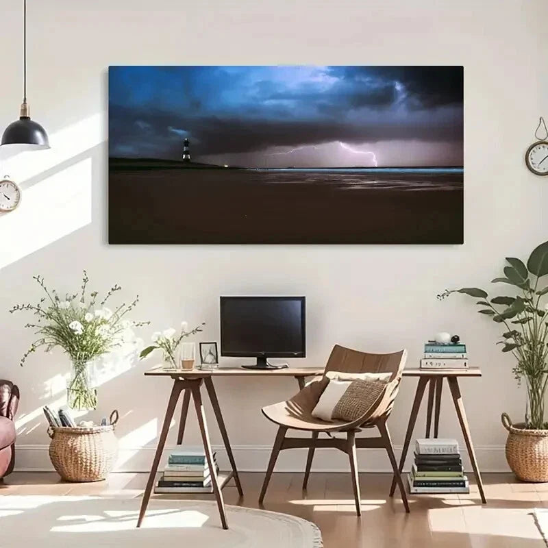 Lighthouse Ocean Storm Seaside Wall Art Canvas Office Home Room Framed 120x60cm