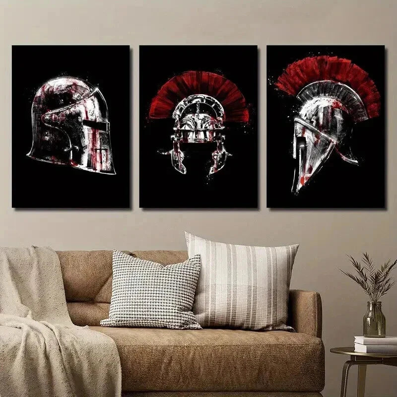 3pcs Red & White Roman Spartan Helmets Wall Art Set Canvas Framed 40x60cm - High Quality Print 100% Australian Made Wall Canvas Ready to Hang