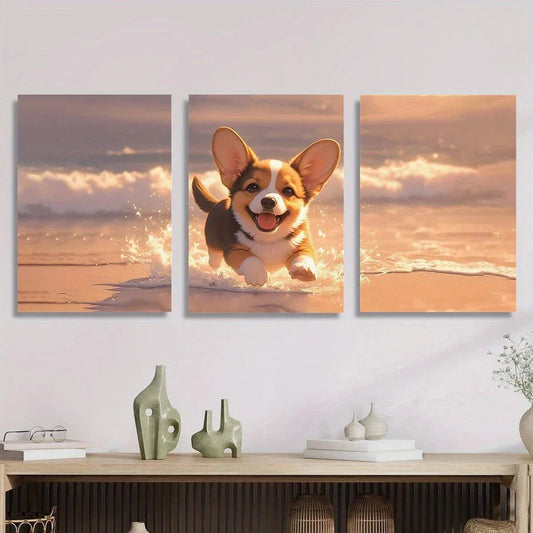 3pcs Cute Corgi Puppy Cartoon Metal Print Ready to Hang Art