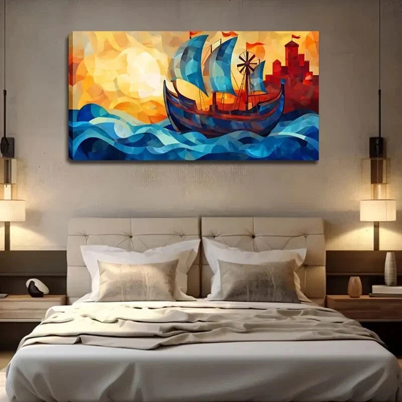 Blue Sailboat On Waves Décor Wall Art Canvas Office Home Room Framed 120x60cm