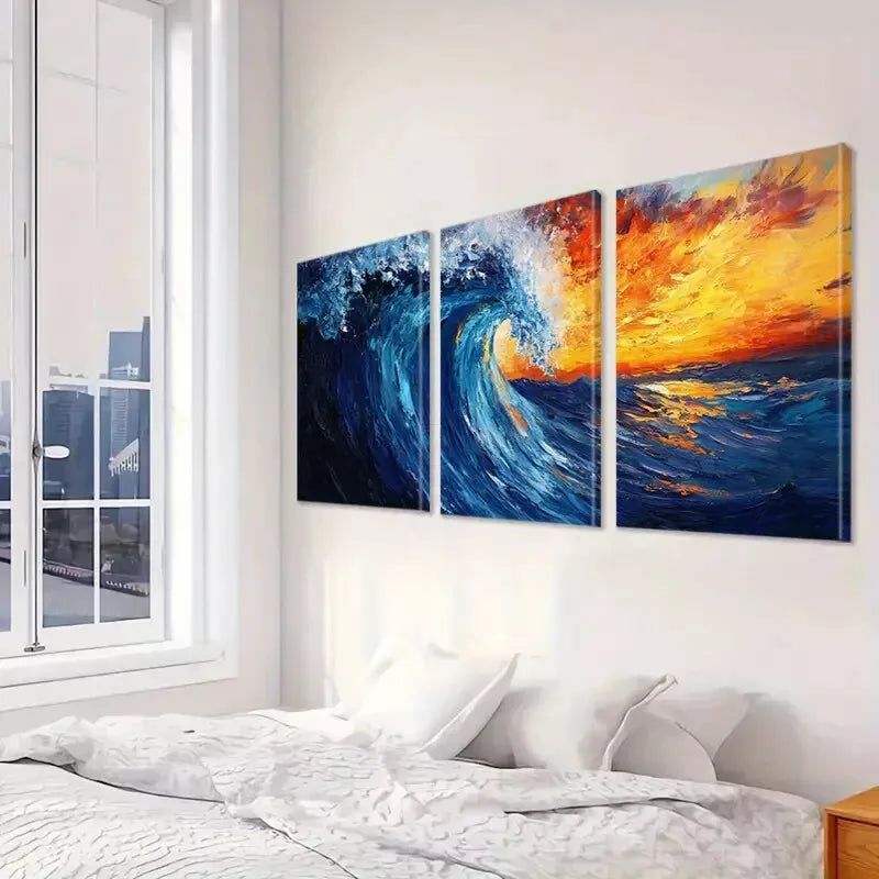 3pcs Blue And Orange Decorative Abstract Ocean Wall Art Set Canvas Framed 40x60cm - High Quality Print 100% Australian Made Wall Canvas Ready to Hang