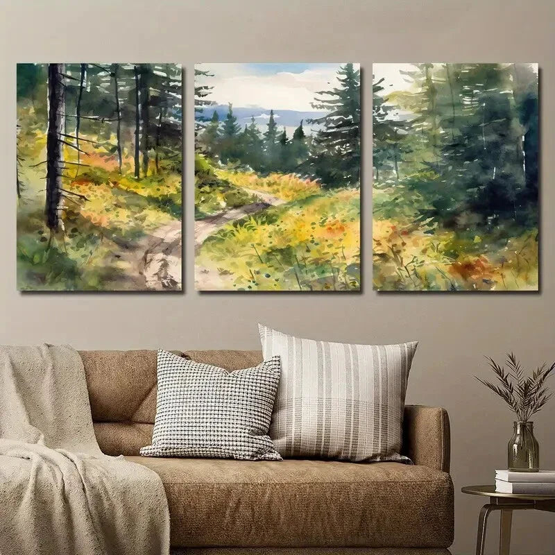 3pcs Vibrant Mountain Path & Sunlit Trees Wall Art Set Canvas Framed 40x60cm - High Quality Print 100% Australian Made Wall Canvas Ready to Hang