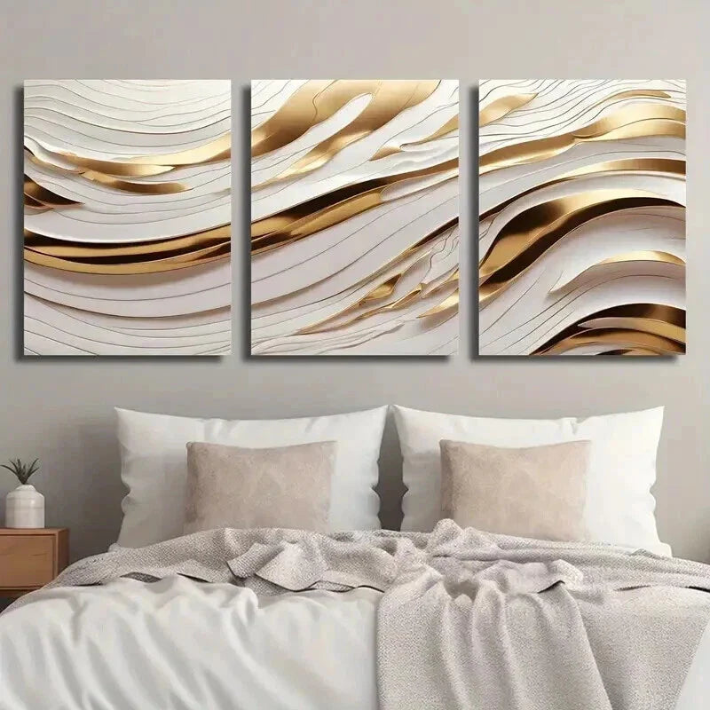 3pcs White And Golden Wave Lines Wall Art Set Canvas Framed 40x60cm - High Quality Print 100% Australian Made Wall Canvas Ready to Hang