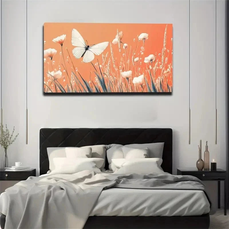 White Butterfly Orange Branch Wall Art Canvas Office Home Room Framed 80x45cm