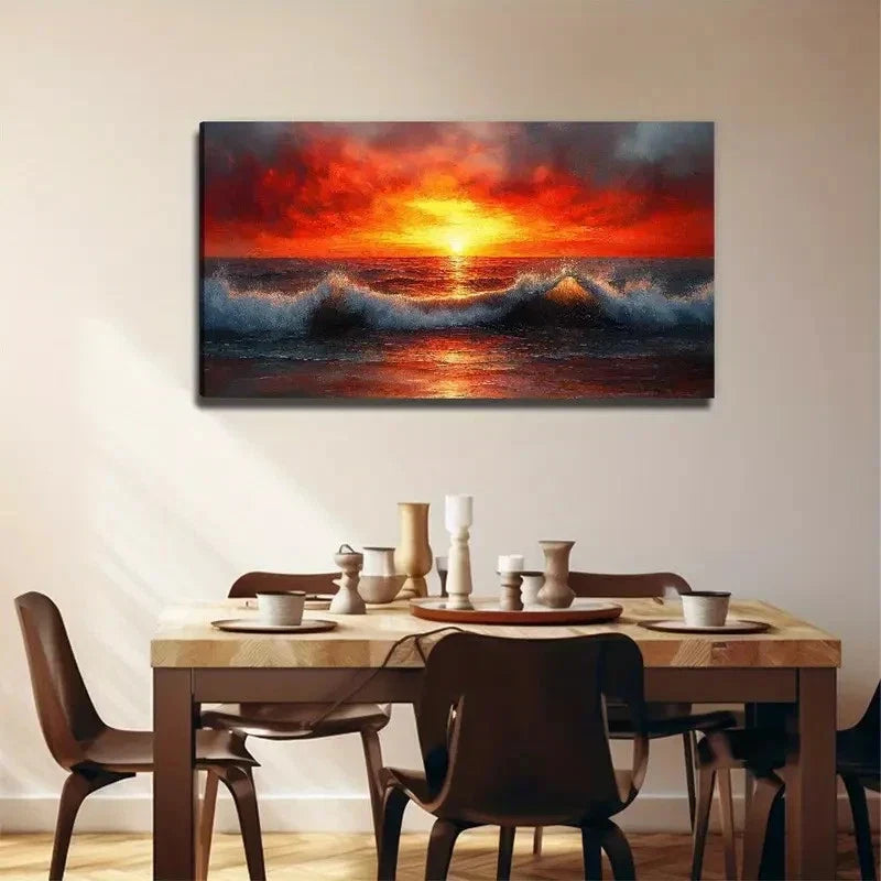 Vibrant Red Sunset With Waves Wall Art Canvas Office Home Room Framed 120x60cm