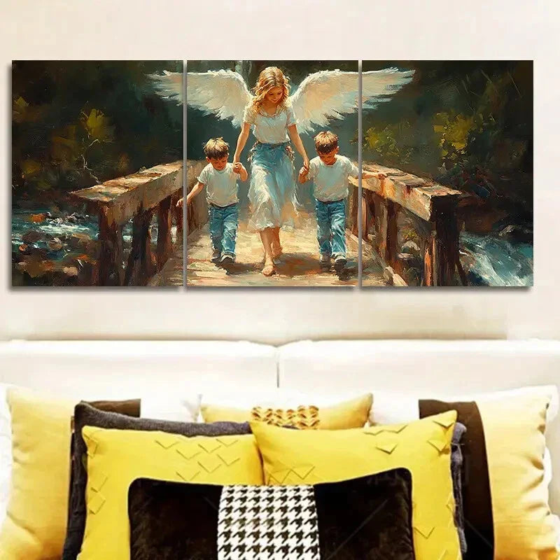 3pcs Angel and Youngsters on Bridge, Metal Print Ready to Hang Art