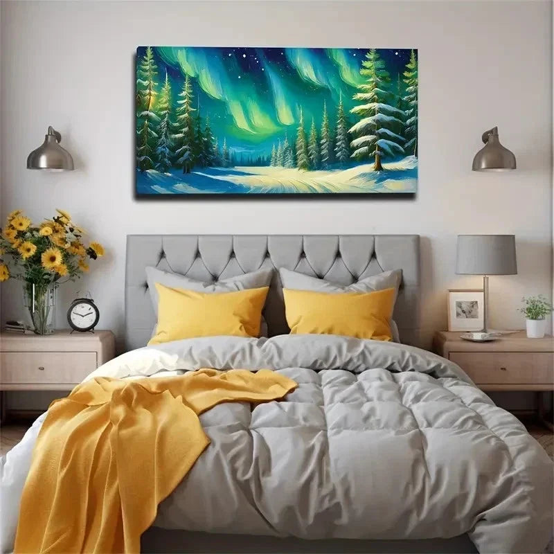 Vibrant Aurora Snowy Forest Wall Art Canvas Office Home Room Framed 120x60cm