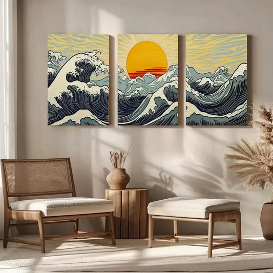 3pcs Japanese Style Moon & Ocean Waves Metal Print Ready to Hang Art