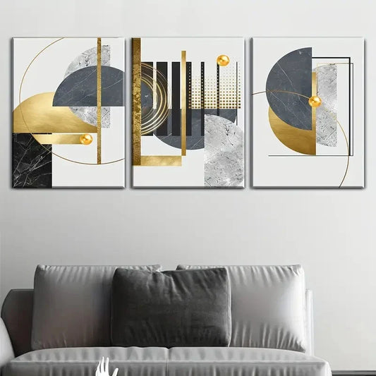 3pcs  Abstract Geometric Golden, Black & White  Metal Print Ready to Hang Art