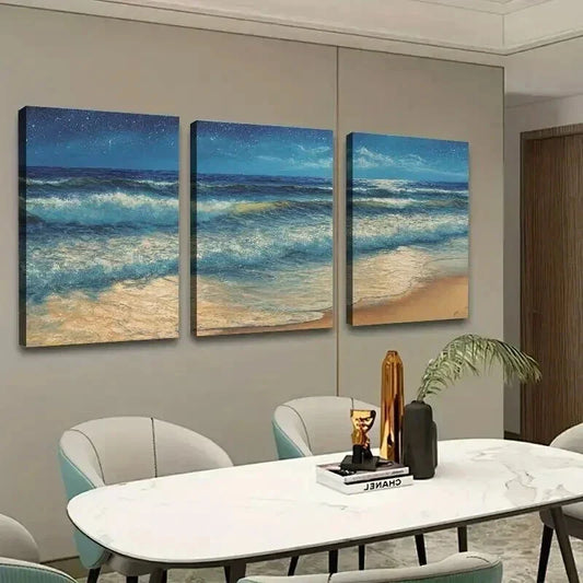 3pcs Ocean Waves & Night Seascape Painting Wall Art Set Canvas Framed 40x60cm - High Quality Print 100% Australian Made Wall Canvas Ready to Hang