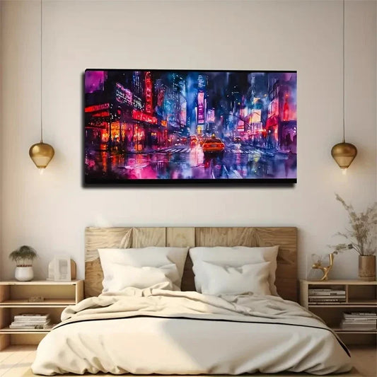 Cyberpunk Neon Cityscape Wall Art Canvas Office Home Room Framed 80x45cm