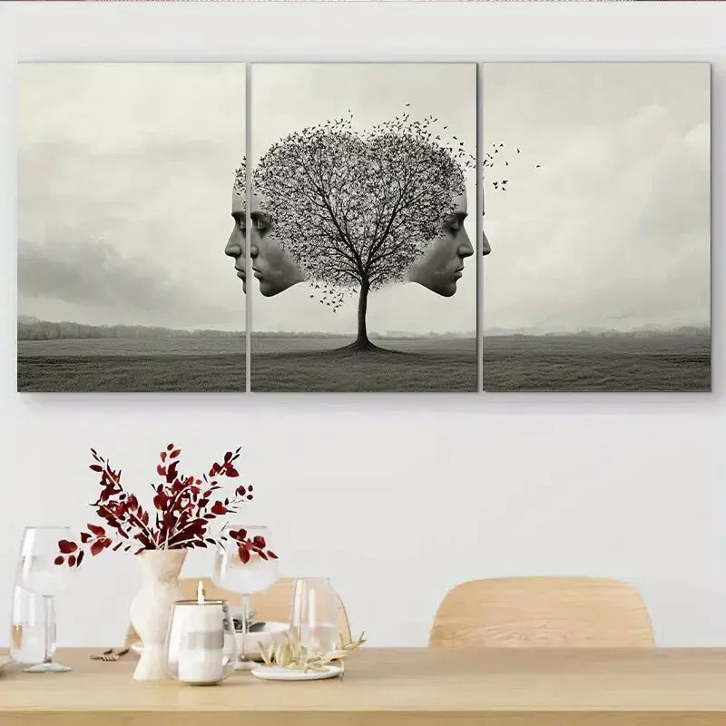 3pcs Black &White Fantasy Surreal Tree and Faces Wall Art Set Canvas Framed 40x60cm - High Quality Print 100% Australian Made Wall Canvas Ready to Hang