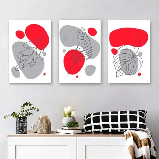 3pcs Red and Gray Leaf Line Art, Minimalist Geom Metal Print Ready to Hang Art