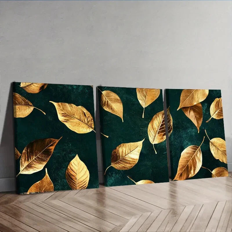 3pcs Dark Green Golden Leaves Design Wall Art Set Canvas Framed 40x60cm - High Quality Print 100% Australian Made Wall Canvas Ready to Hang